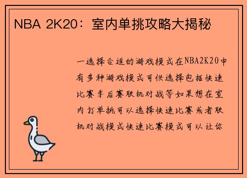 NBA 2K20：室内单挑攻略大揭秘