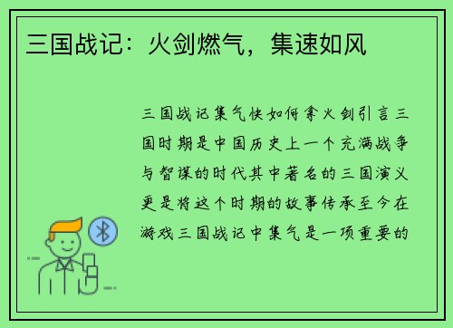 三国战记：火剑燃气，集速如风